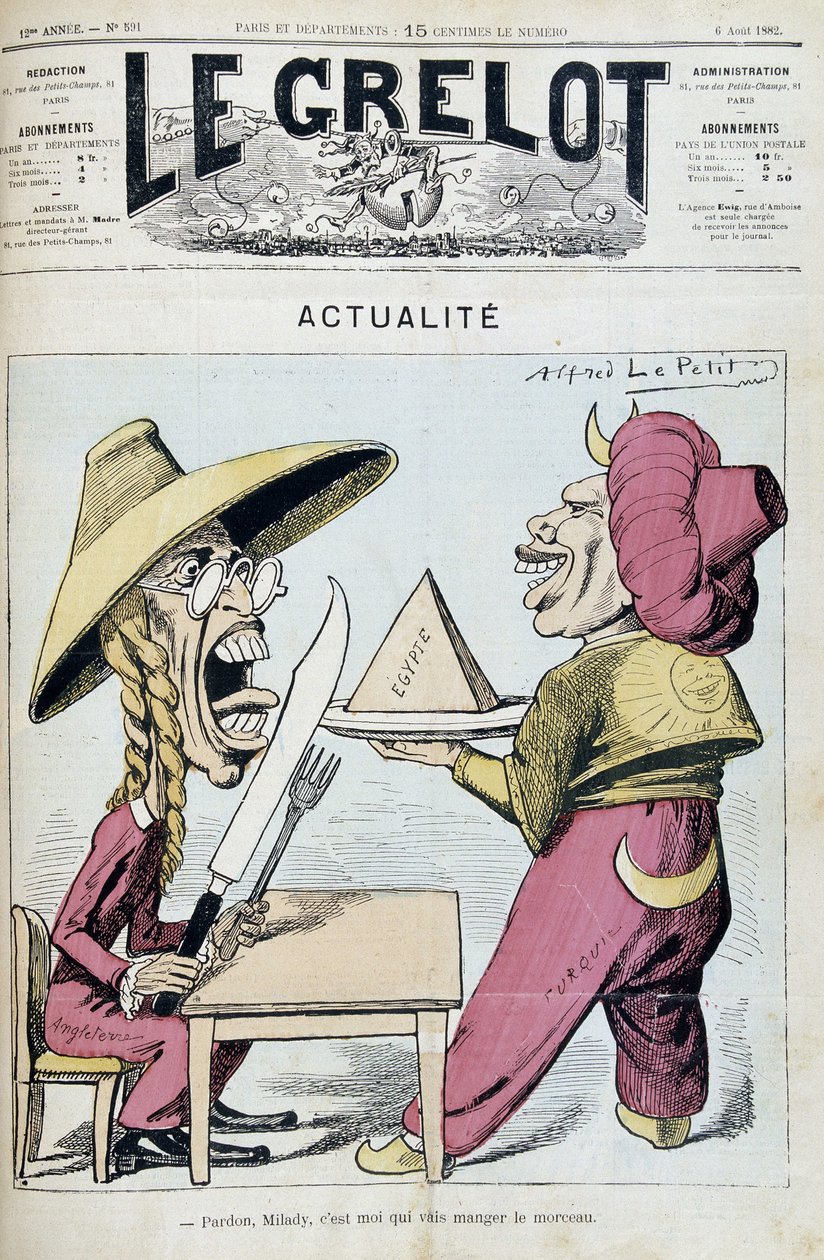Türkiye ve İngiltere arasındaki Mısır anlaşmazlığı üzerine karikatür - Alfred Le Petitty, 06/08/1892 tarihli “” Le Grelot”ta by Alfred Le Petit