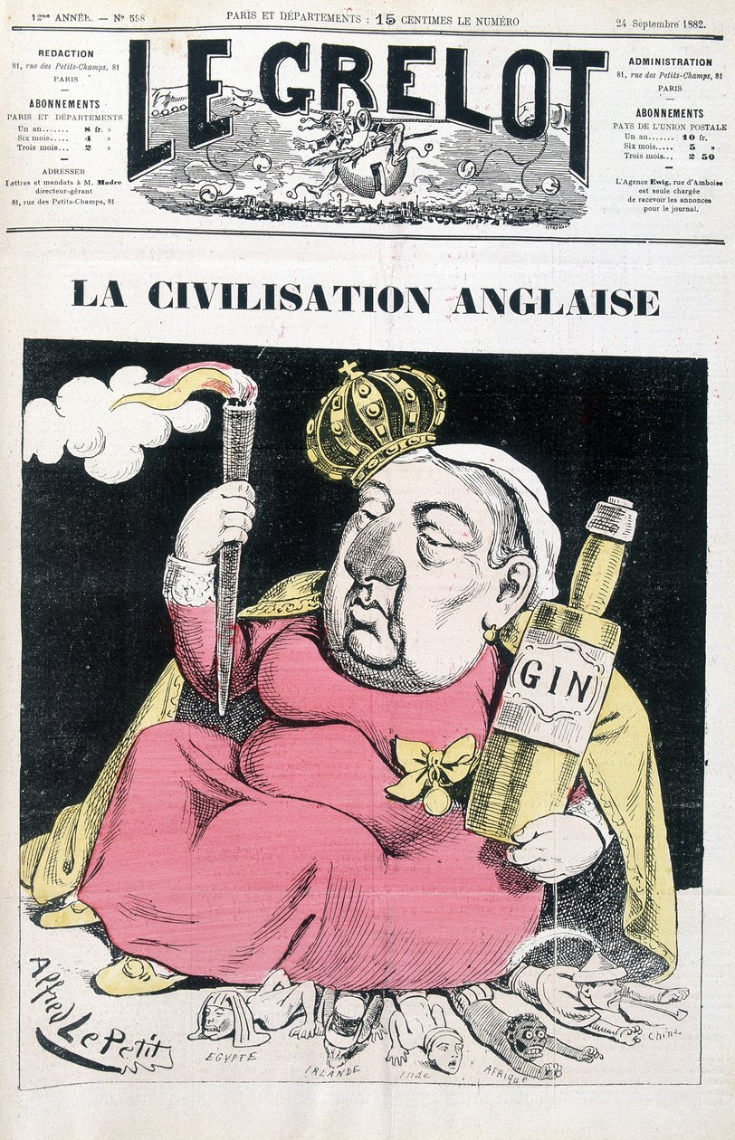 İngiliz uygarlığı: Victoria, elinde bir şişe cin, Mısır, İrlanda, Hindistan, Afrika ve Çin