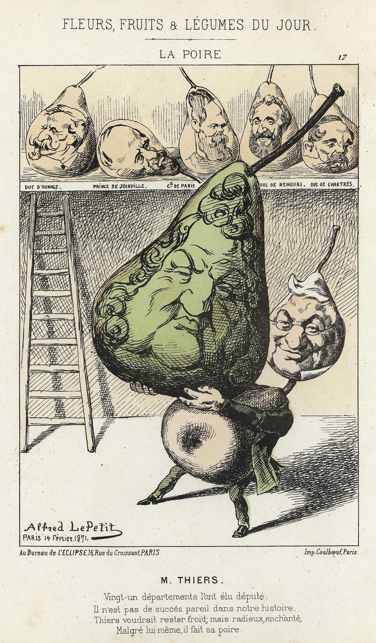 La Peire: Thiers Üzerine Karikatür - hasta. 14/02/1871, Alfred Le Petitty, “Günün Çiçekleri, Meyveleri ve Sebzeleri””nde. by Alfred Le Petit