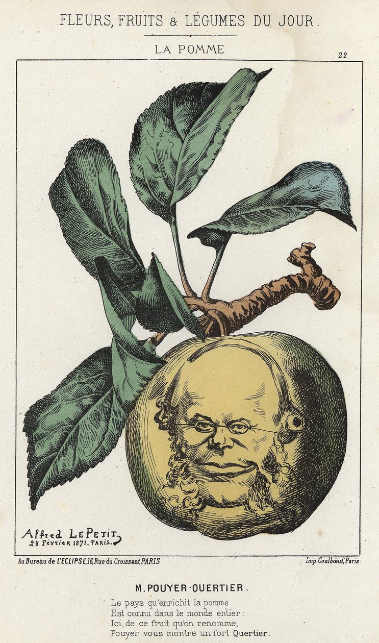 La Pomme: Pouyer Quertier (Pouyer-Quertier) üzerine karikatür - hasta. 28/02/1871 tarihinden itibaren “Günün Çiçekleri, Meyveleri ve Sebzeleri” by Alfred Le Petit
