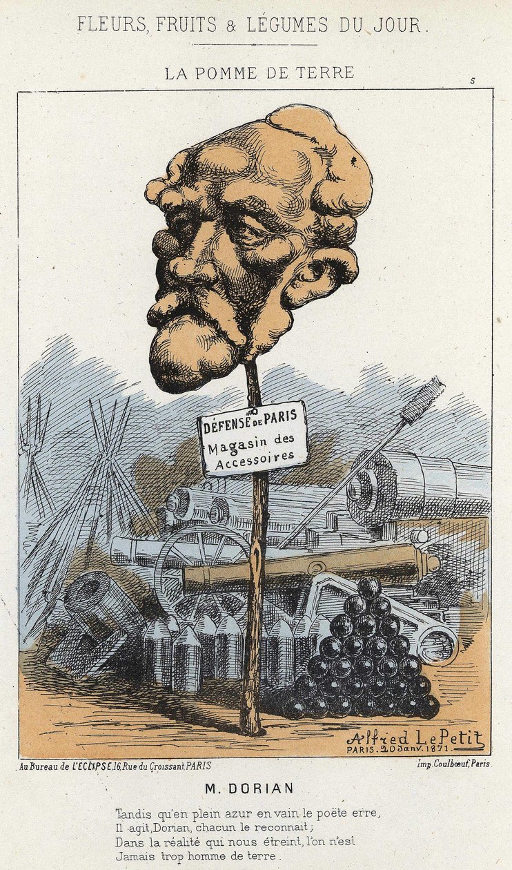 La Patates: Dorian Üzerine Karikatür - hasta. 20/01/1871 tarihinden itibaren “Günün Çiçekleri, Meyveleri ve Sebzeleri” by Alfred Le Petit