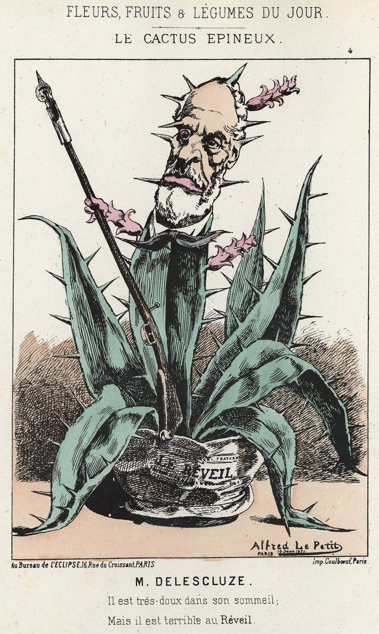 Le Cactus Spineux: Louis Charles Delescluze (1809 - 1871) üzerine karikatür - hasta. 16/01/1871 tarihinden itibaren “Günün Çiçekleri, Meyveleri ve Sebzeleri” by Alfred Le Petit