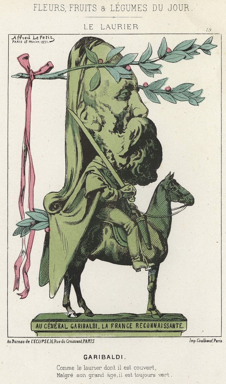 Le Laurier: Garibaldi Üzerine Karikatür - hasta. 15/02/1871 tarihinden itibaren “Günün Çiçekleri, Meyveleri ve Sebzeleri” by Alfred Le Petit