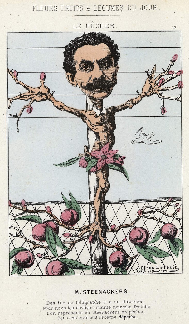 Le Pêcher: Steenackers Üzerine Karikatür - hasta. 30/01/1871 tarihinden itibaren “Günün Çiçekleri, Meyveleri ve Sebzeleri” by Alfred Le Petit