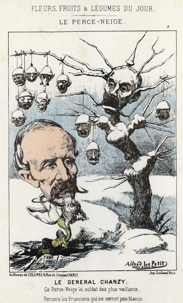 Le Perce-Neige: General Antoine Alfred Eugène Chanzy (1823 - 1883) hakkında karikatür - hasta. 15/01/1871 tarihinden itibaren “Günün Çiçekleri, Meyveleri ve Sebzeleri” by Alfred Le Petit