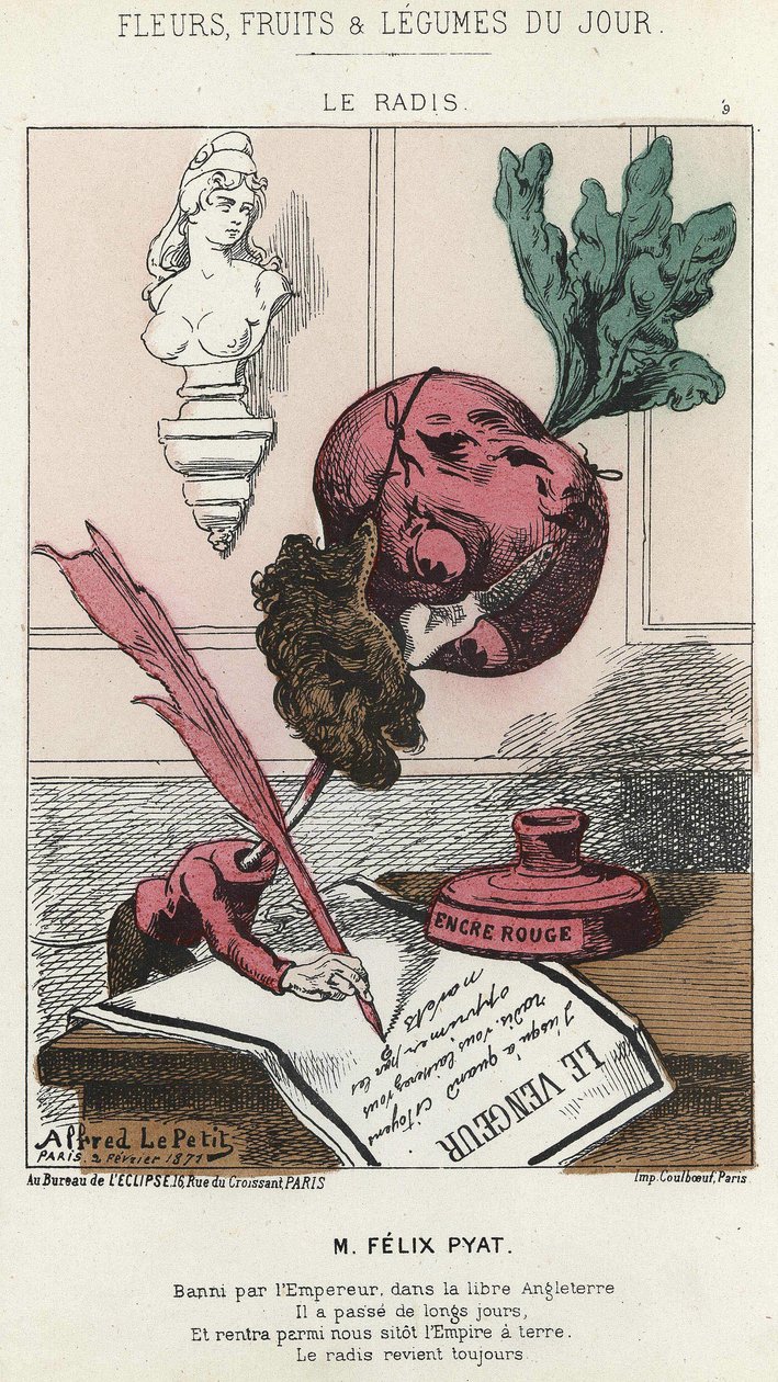 Le Radis: Karikatür Félix Pyat (1810 - 1889) - hasta. 02/02/187 tarihli “Günün Çiçekleri, Meyveleri ve Sebzeleri” by Alfred Le Petit