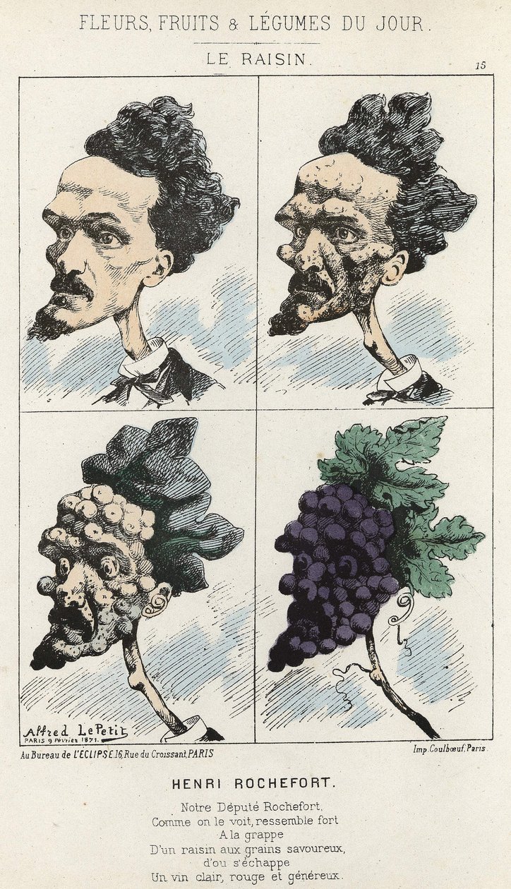 Le Raisin: Henri Rochefort ile ilgili karikatür - hasta. 09/02/1871 tarihinden itibaren “Günün Çiçekleri, Meyveleri ve Sebzeleri” by Alfred Le Petit