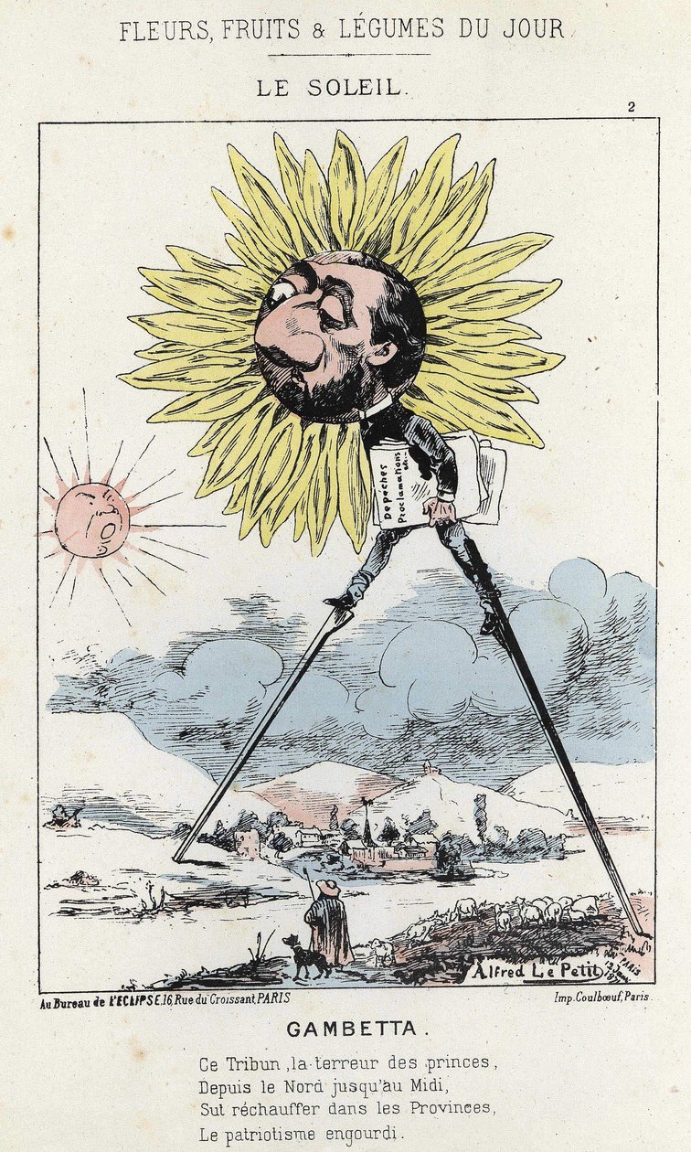 Le Soleil (ayçiçeği): Gambetta (1838 - 1882) üzerine karikatür - hasta. 12/01/1871 tarihinden itibaren “Günün Çiçekleri, Meyveleri ve Sebzeleri” by Alfred Le Petit