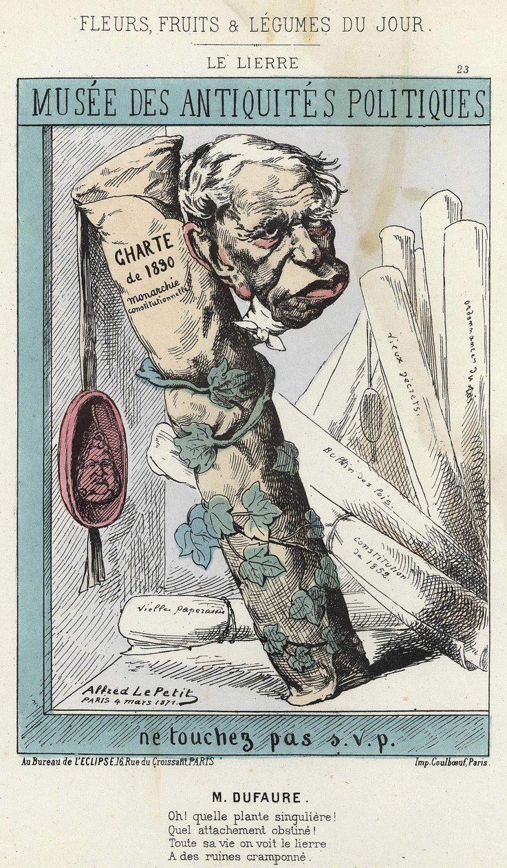 Sarmaşık: Jules Armand (Jules-Armand) üzerine karikatür Dufaure (1798-1881), üzerinde “1830 Bildirgesi” yazan bir kağıt rulosunu çevreleyen sarmaşık ve Kral Louis Philippe 1