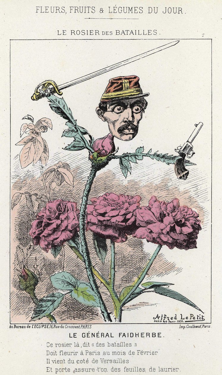 Rosier des Batailles: General Faidherbe hakkında karikatür - hasta. 20/01/1871 tarihinden itibaren “Günün Çiçekleri, Meyveleri ve Sebzeleri” by Alfred Le Petit