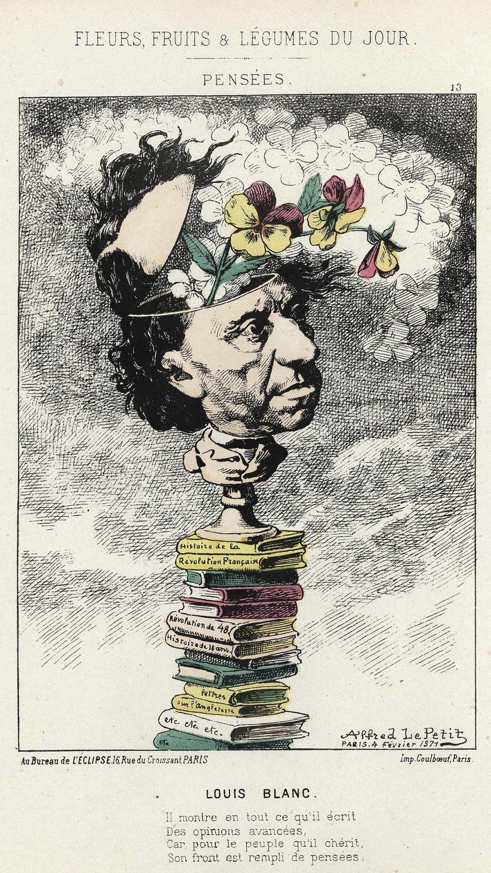 Düşünceler: Louis Blanc üzerine karikatür - hasta. 04/02/1871 tarihinden itibaren ” Günün Çiçekleri, Meyveleri ve Sebzeleri” by Alfred Le Petit