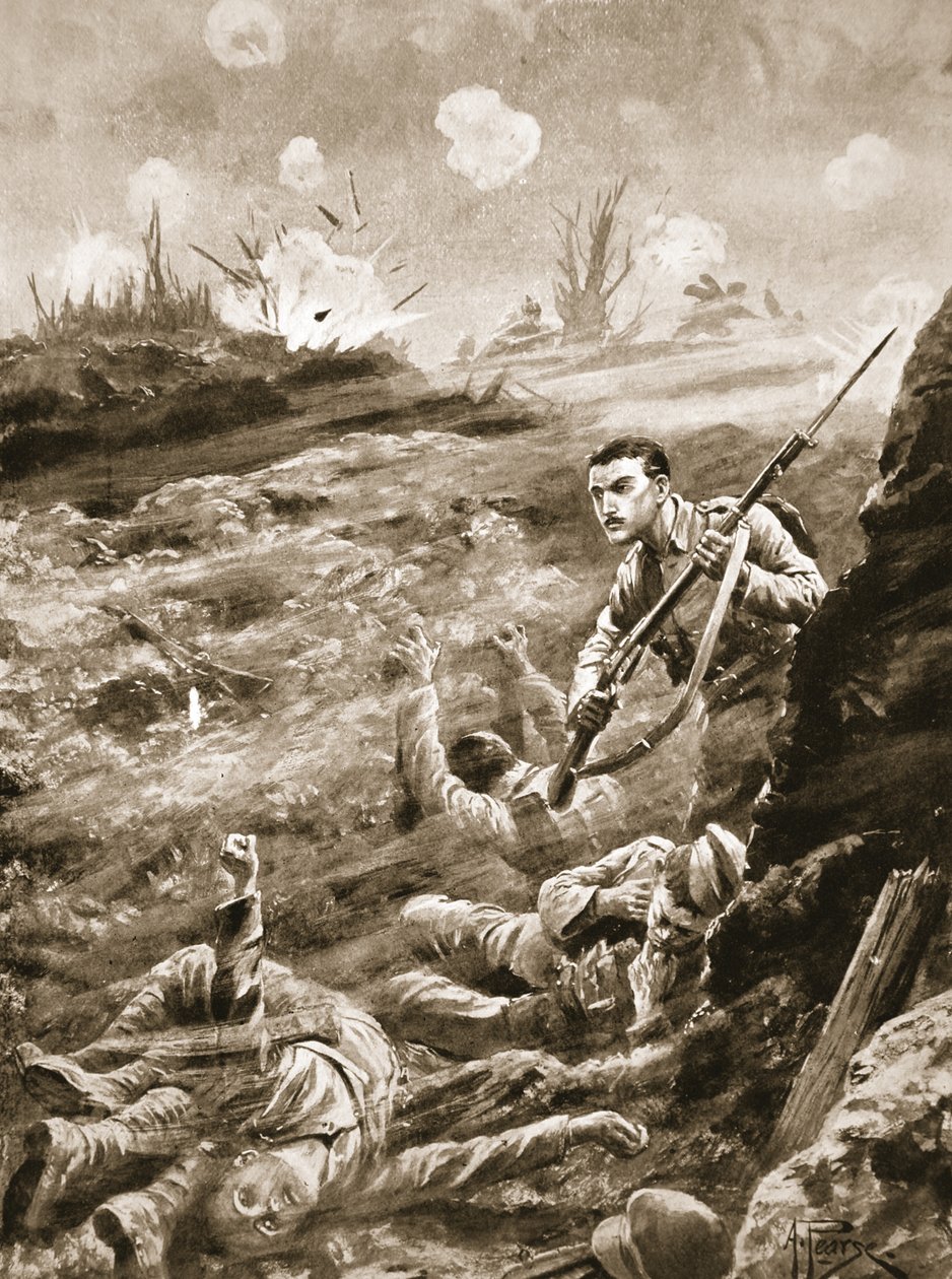 Er E. Warner, bir gaz saldırısının ardından boşaltılan bir hendeği tek başına tutuyor by Alfred Pearse