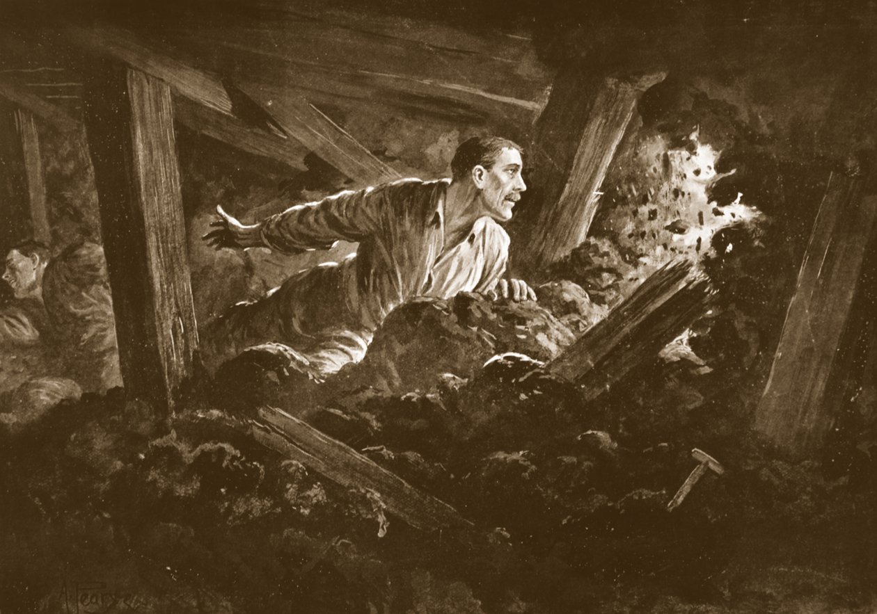 Sapper W. Hackett, bir maden galerisinde ağır yaralı yatan bir yoldaşını bırakmayı reddediyor by Alfred Pearse