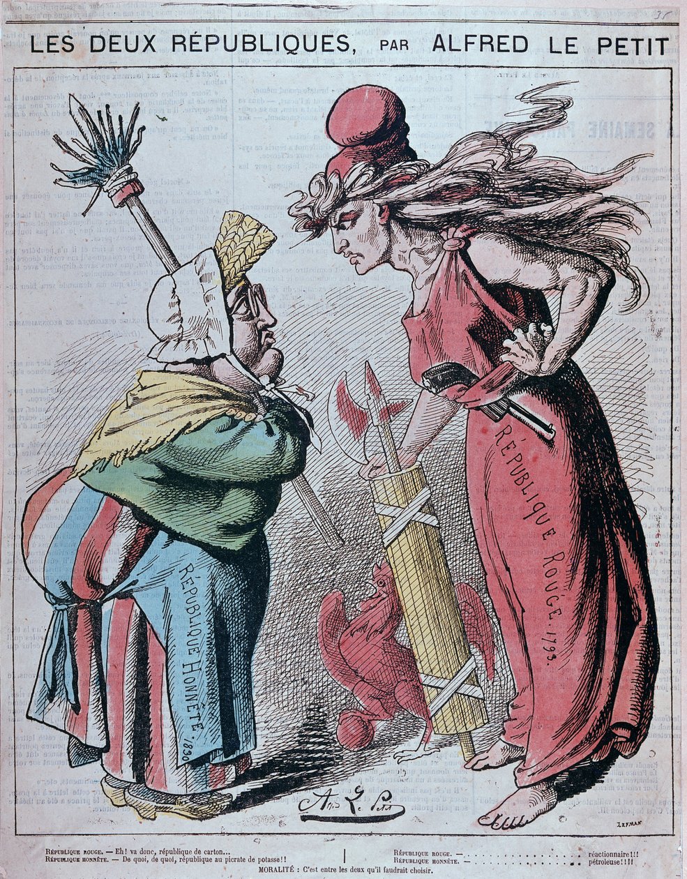 İki Cumhuriyet üzerine karikatür, “” Honnete Cumhuriyeti (1830) ve Kızıl Cumhuriyet (1793)”, Alfred Le Petitty tarafından “” Le Grelot””” 1872 by Alfred Petit
