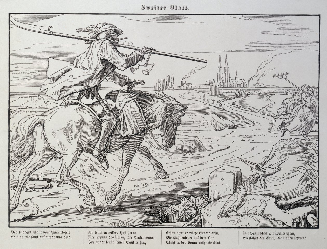Kasabaya Ölüm Yolculukları, Georg Wigand tarafından Leipzig'de yayınlanan 'Another Dance of Death'den 2. plaka, 1849 by Alfred Rethel