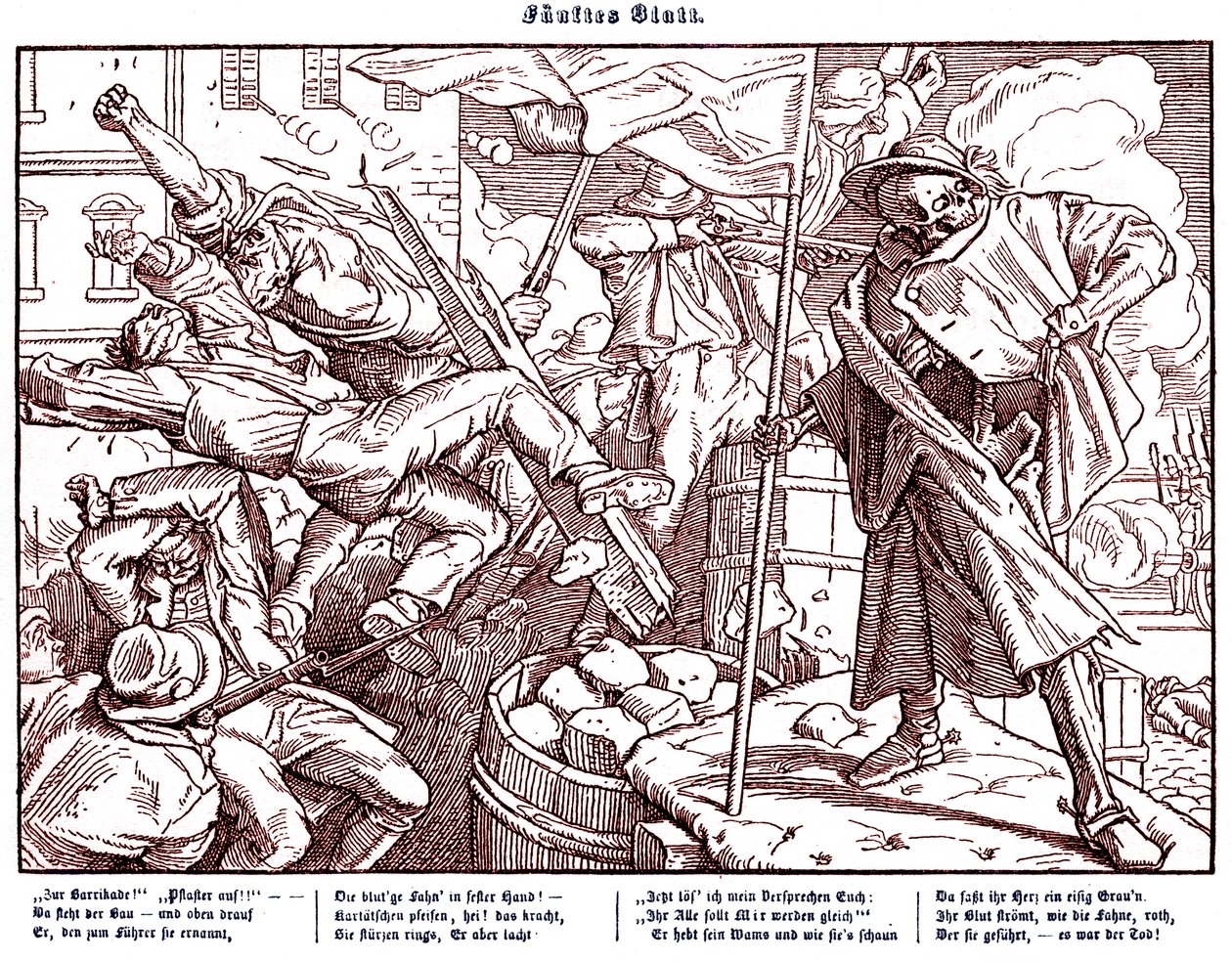 Totentanz 1848: Ölüm, devrimci vatandaşlara öncülük ediyor by Alfred Rethel