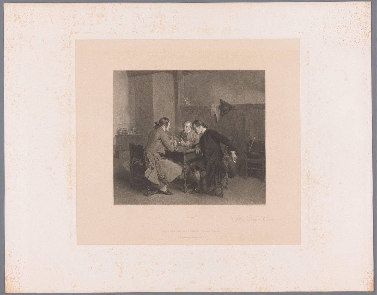Bir masada üç sigara içen adamla iç mekan Les Bons Amis (nesne üzerindeki başlık) by Alfred Revel