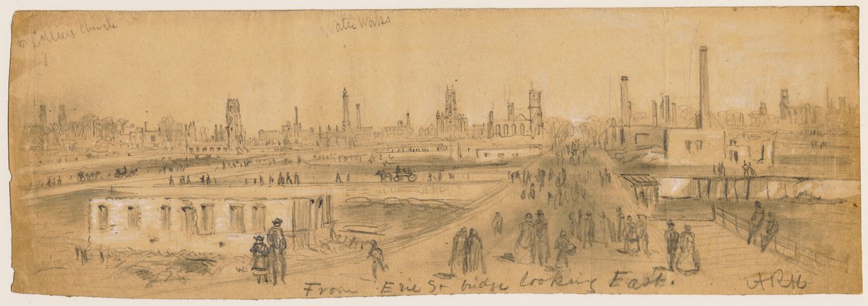 1871 Chicago Yangını sırasında doğuya bakan Erie Street Köprüsü