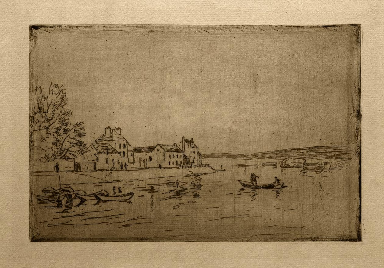 Loing Banks: Altı demirli kano by Alfred Sisley