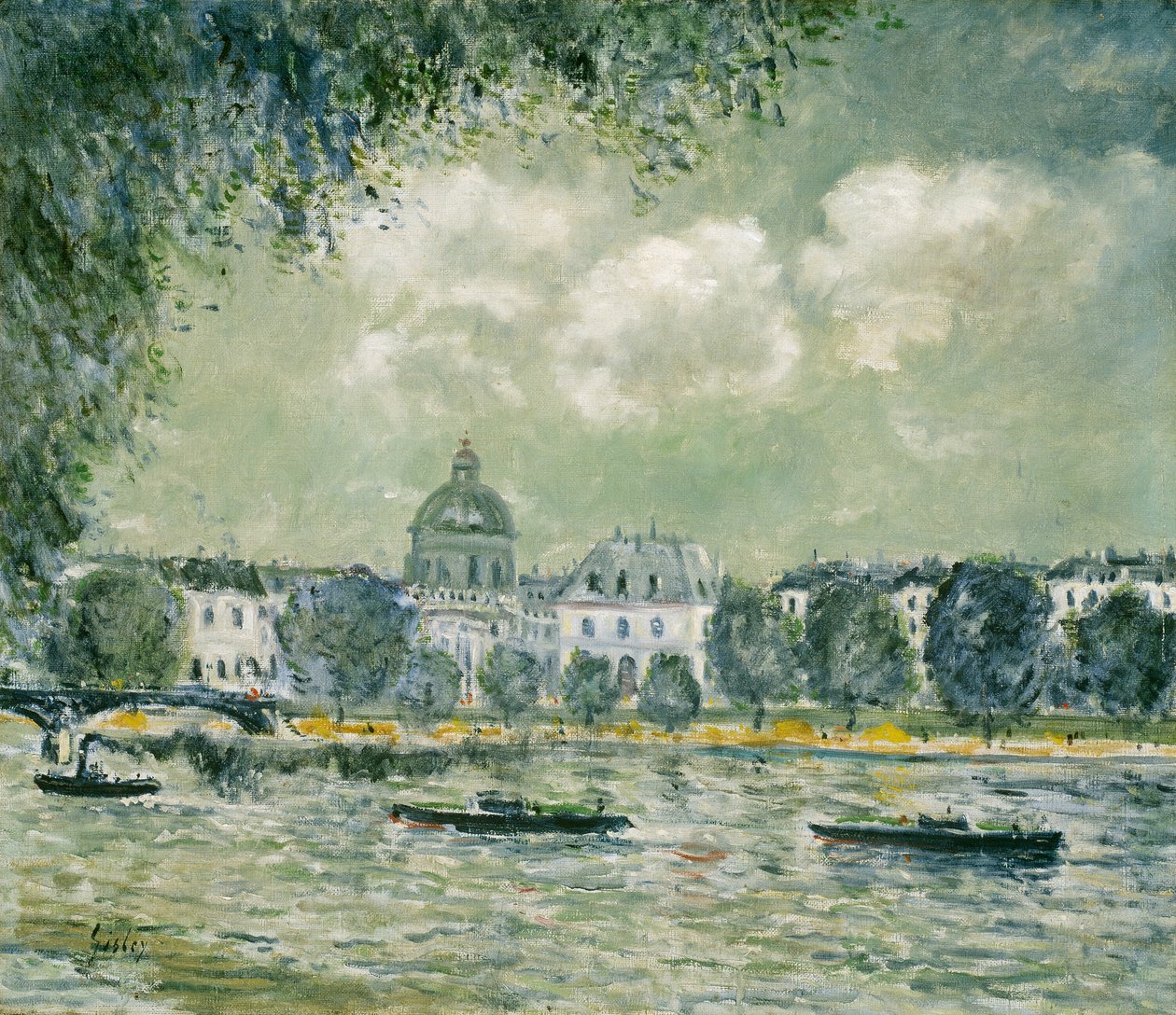 Institut de France ve Pont des Arts ile Seine boyunca manzara by Alfred Sisley