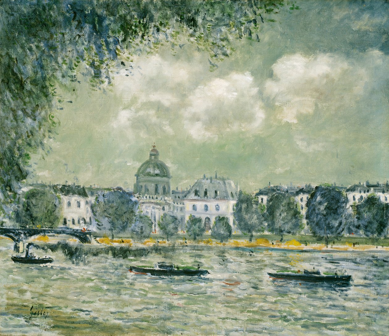 Institut de France ve Pont des Arts ile Seine boyunca uzanan manzara, c. 1875. by Alfred Sisley