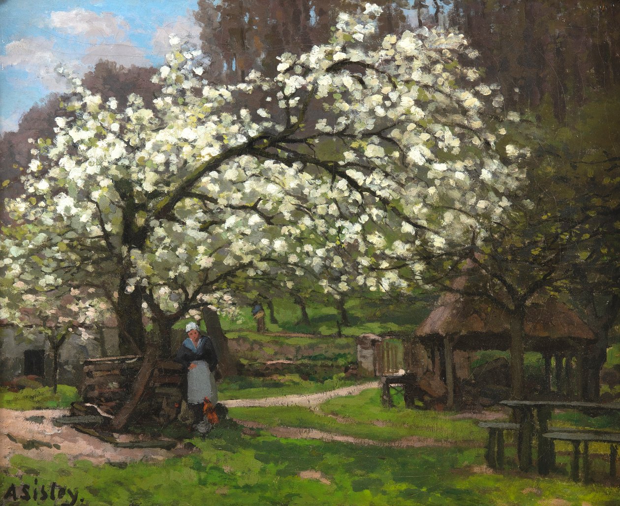 Bahar, çiçek açan ağaçların altında köylü kadın Bahar, köylü kadın altında..., ca. 1865. by Alfred Sisley