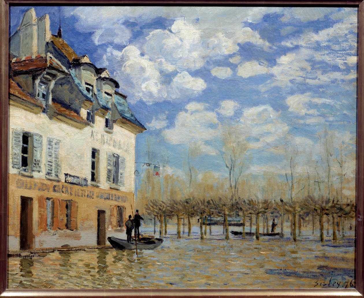Sel sırasında tekne, Port Marly (Port-Marly) Tablosu Alfred Sisley (1839-1899) 1876 Güneş. 0,5x0,61 m Paris, musee d