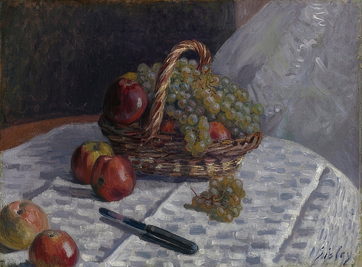 Sepet içinde elma ve üzüm. 1880-81 civarında by Alfred Sisley