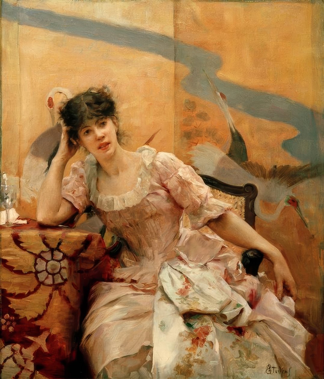 A.Stevens, Genç kadın ve Japon ekranı by Alfred Emile Stevens
