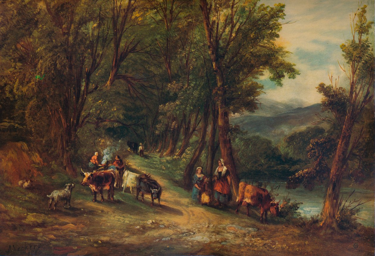 'Akarsulu Ormanlık Vadide Sığır ve Figürler', 1860, 1938 by Alfred Vickers