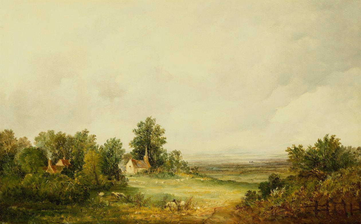 Ormanlık Bir Peyzajda Bir Kilisenin Yanında Koyun by Alfred Vickers