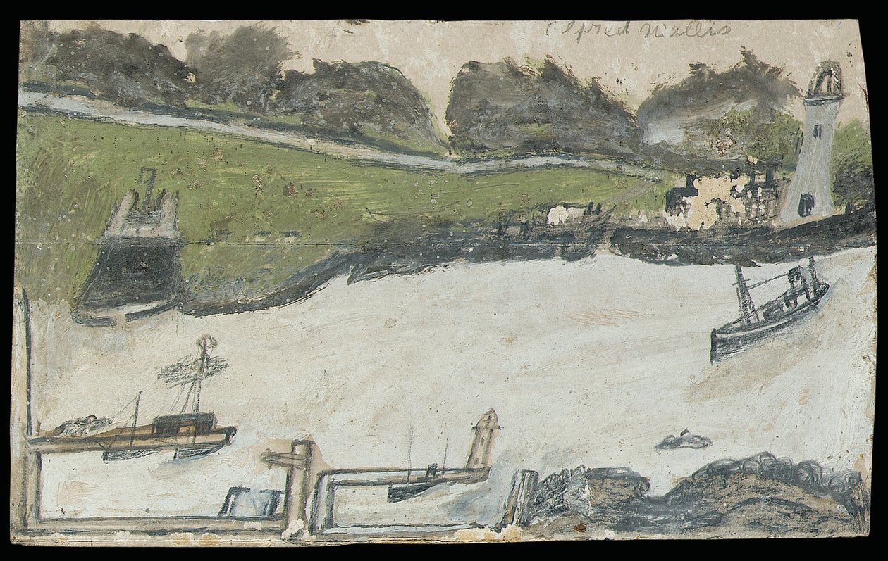 Kale ve deniz feneri ile liman sahnesi (kart üzerinde kalem ve yağ) by Alfred Wallis