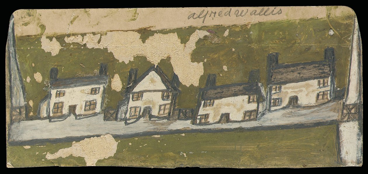 Sıra dört kulübe (kartta yağ ve kurşun kalem) by Alfred Wallis