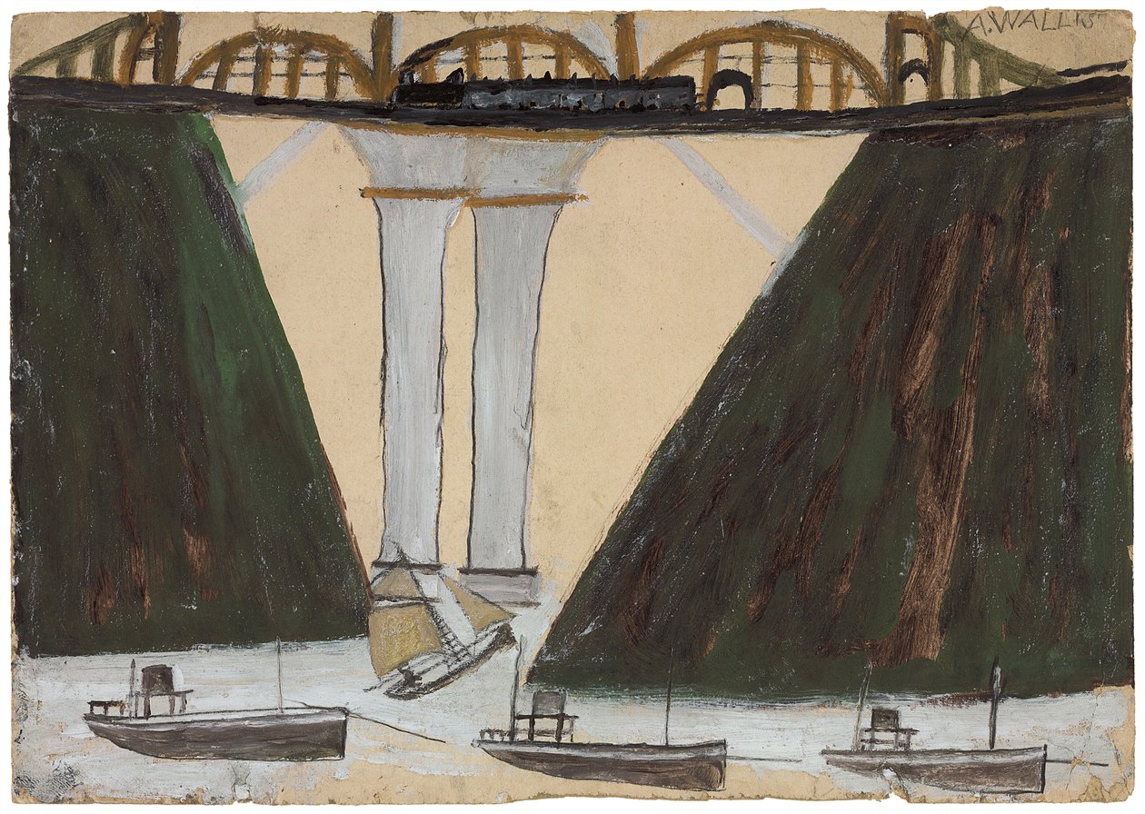 Saltash Köprüsü, c. 1930 (kart üzerinde kurşun kalem ve yağlı boya) by Alfred Wallis