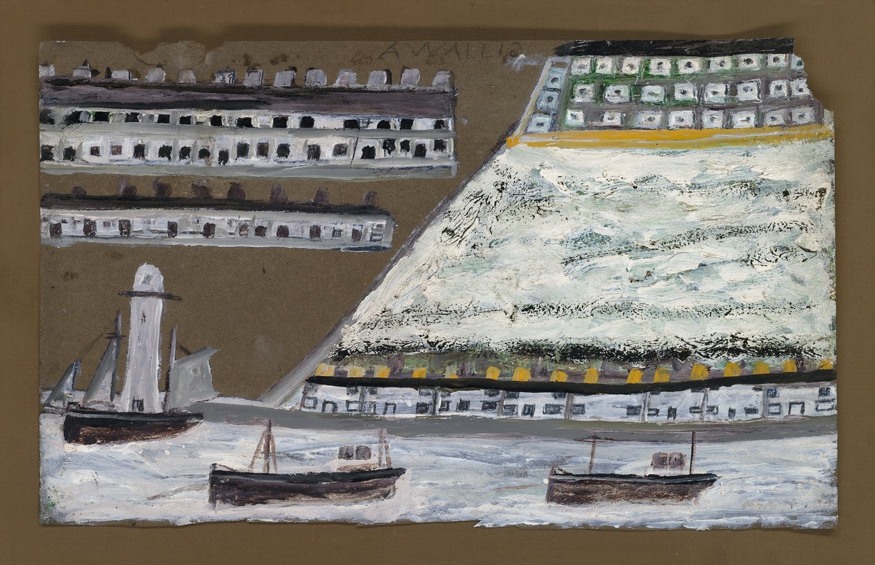 Gemiler ve deniz feneri, evler (kalem ve kağıt üzerine yağlı boya) by Alfred Wallis