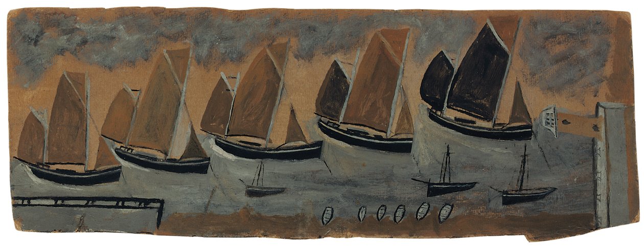 Beş yelkenli tekneli St. Ives Limanı (gemide yağ ve kurşun kalem) by Alfred Wallis