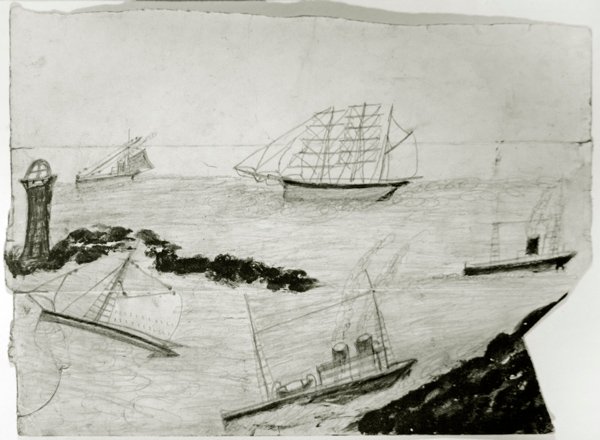 Üç yelkenli gemi, iki buharlı gemi ve Godrevy Deniz Feneri, c.1935-38 (kart üzerinde yağ ve kurşun kalem) by Alfred Wallis