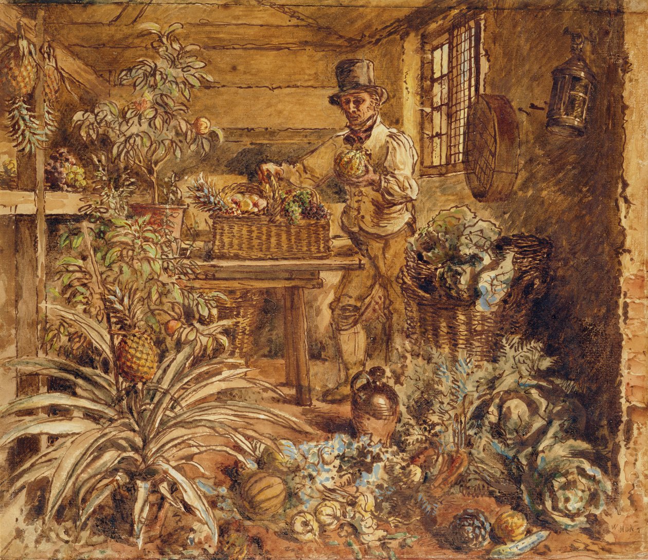 Ananas ve Çeşitli Sebzelerle Saksı Barakasında Bir Bahçıvan (kağıt üzerine kalem, mürekkep ve wc) by Alfred William Hunt