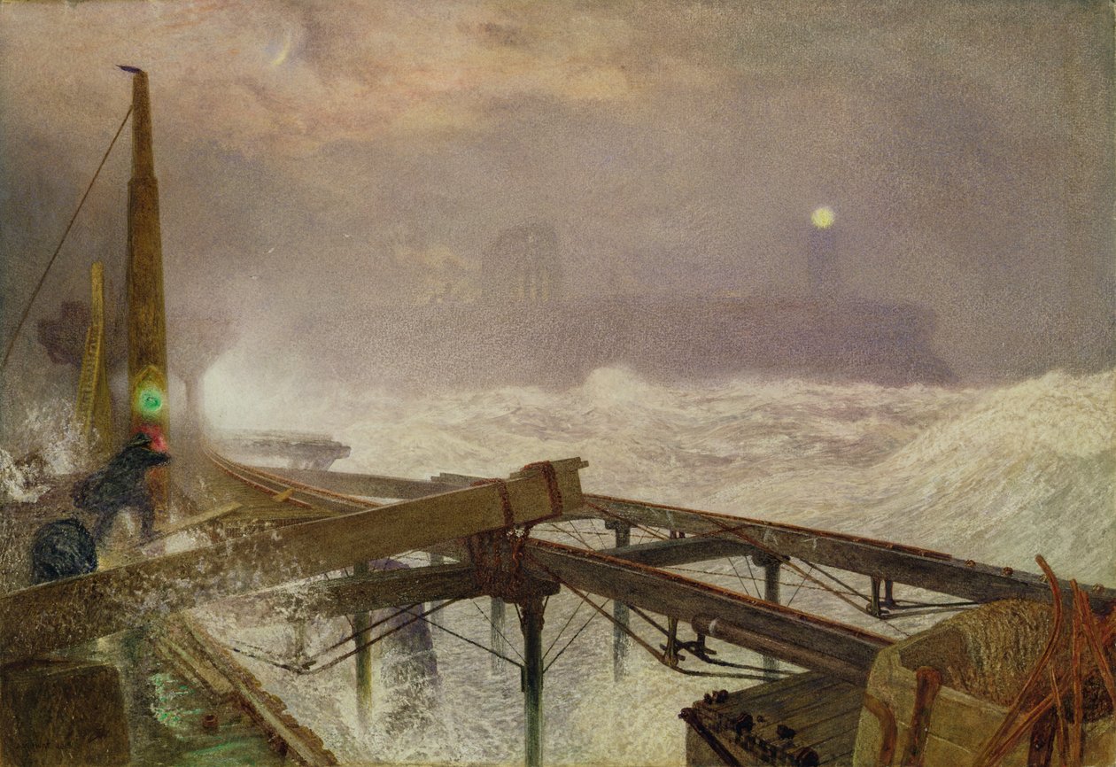 Blue Lights, Teignmouth İskelesi - Gün Batımında Lambaları Aydınlatmak, 1868 (wc, gövde rengi ve kağıt üzerinde karalama) by Alfred William Hunt