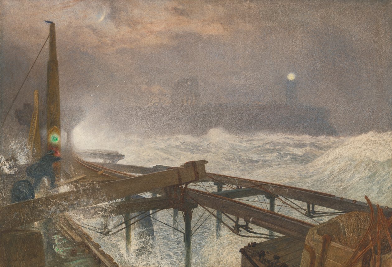 Tynemouth İskelesi - Gün Batımında Lambaları Yakmak by Alfred William Hunt