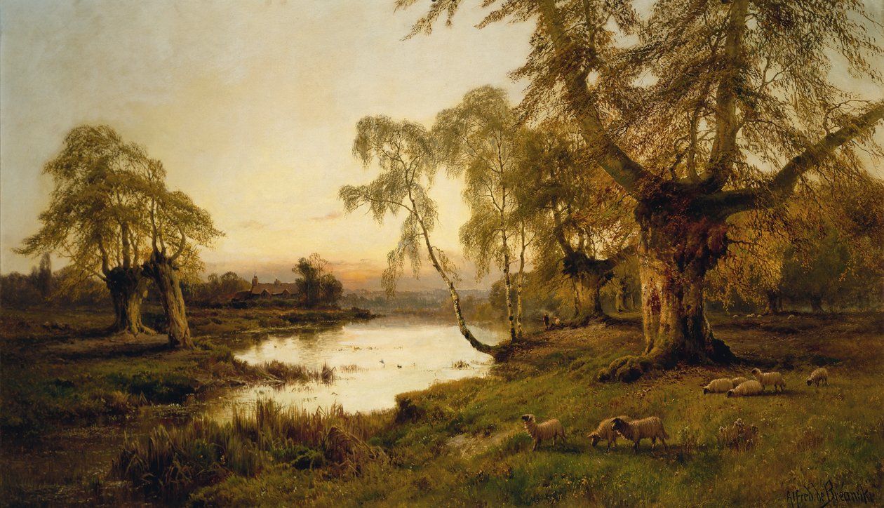 Gün Batımında Göl Kenarında Otlayan Koyunlar (tuval üzerine yağlı boya) by Alfred de Breanski