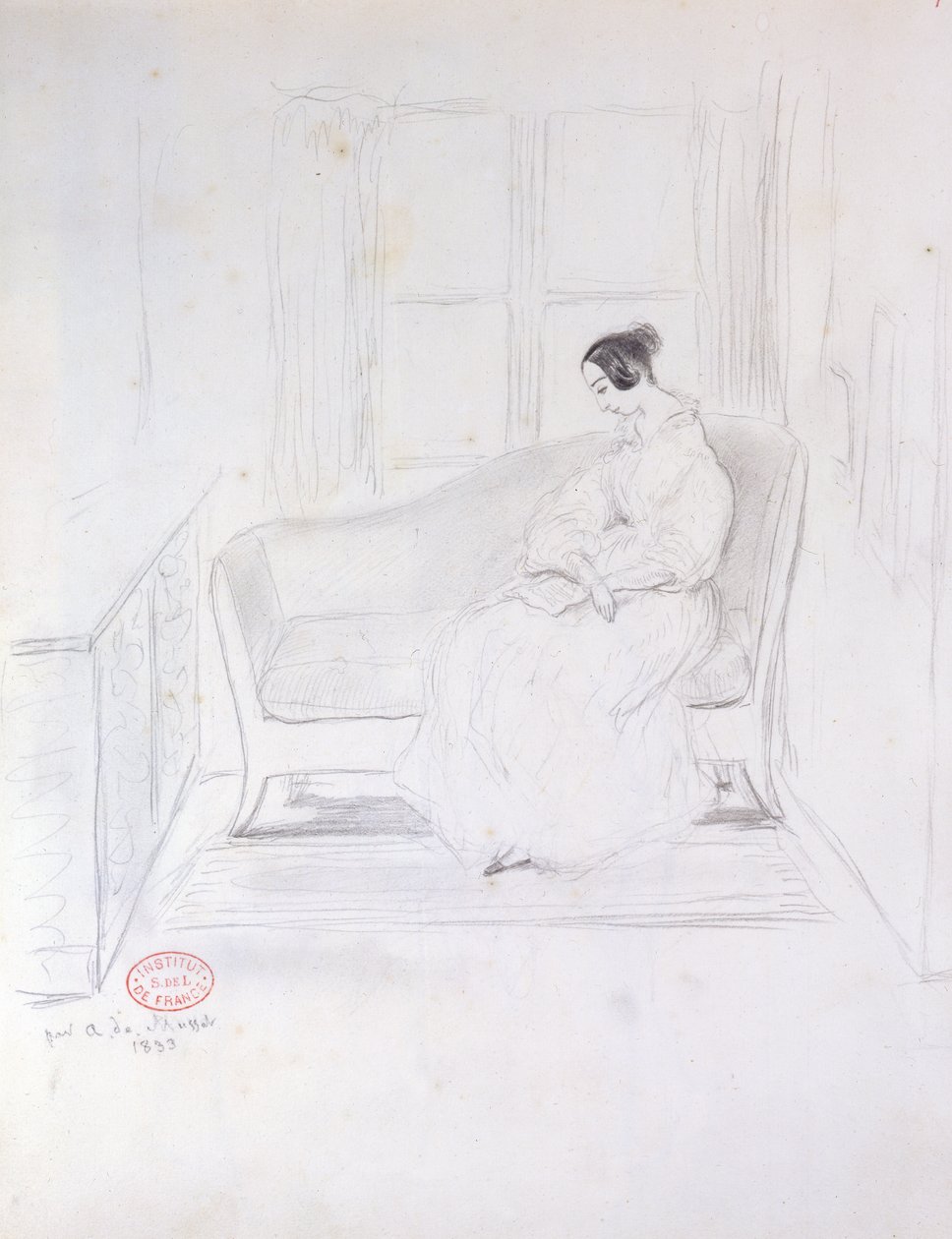 George Sand (1804-76), pencerenin yanındaki kanepede kitap okuyor, 1833 by Alfred de Musset