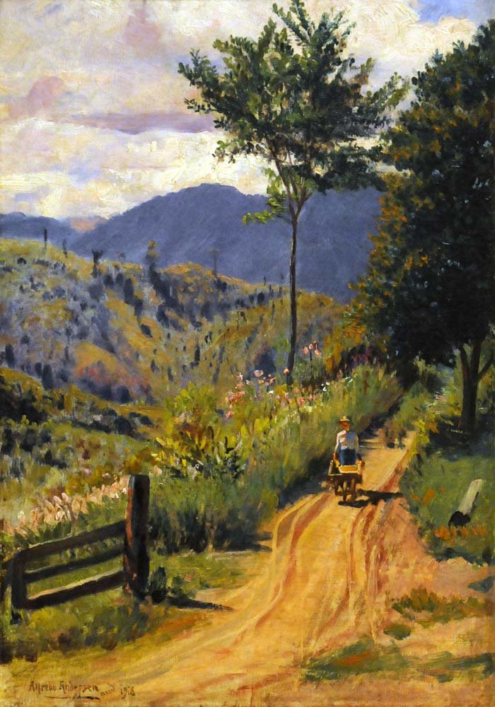 Landscape with a mountain rage and a figure by Alfredo Andersen
