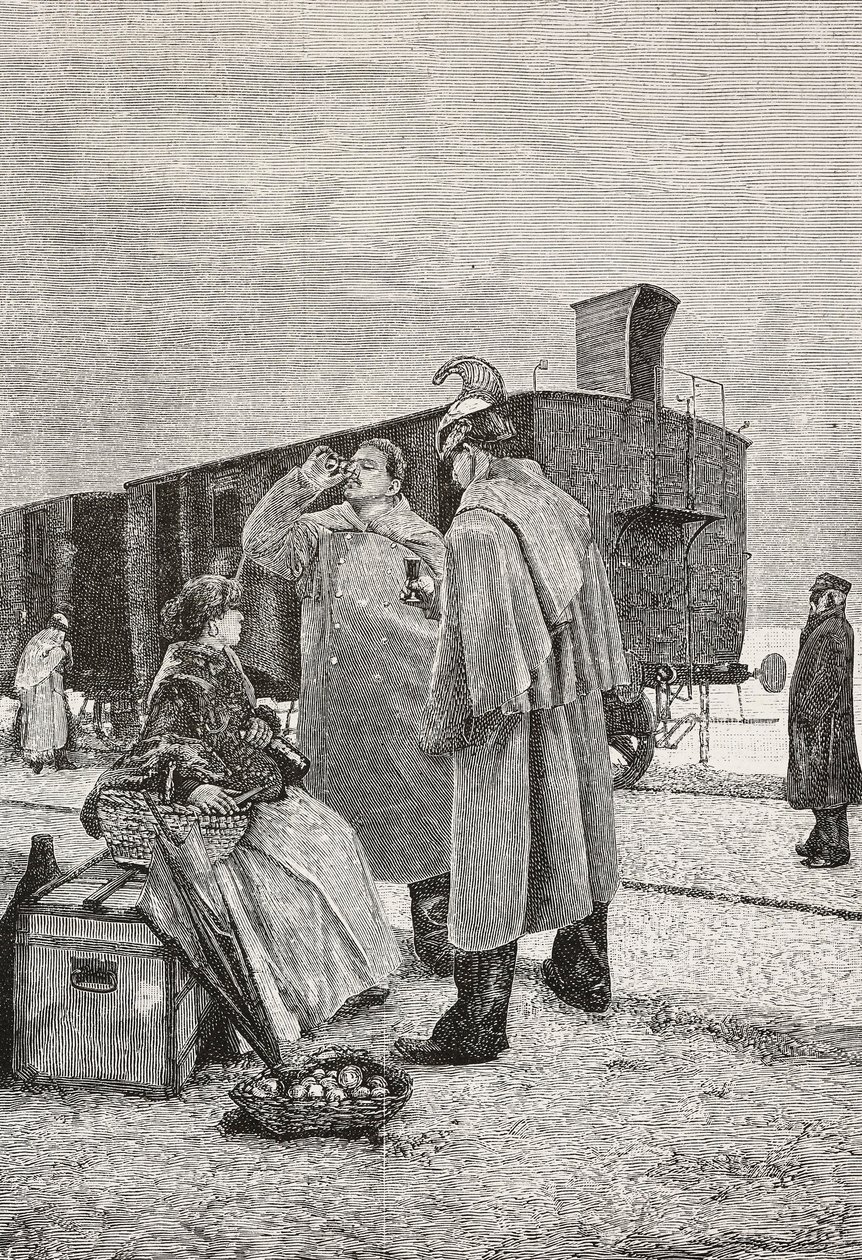 Five Minutes Stop, trende durup yemek yemeyi bırakan iki adam, L'Illustrazione Italiana'dan Alfredo Luxoro'nun (1859-1918) bir tablosundan gravür, yıl 12, sayı 43, 25 Ekim by Alfredo Luxoro