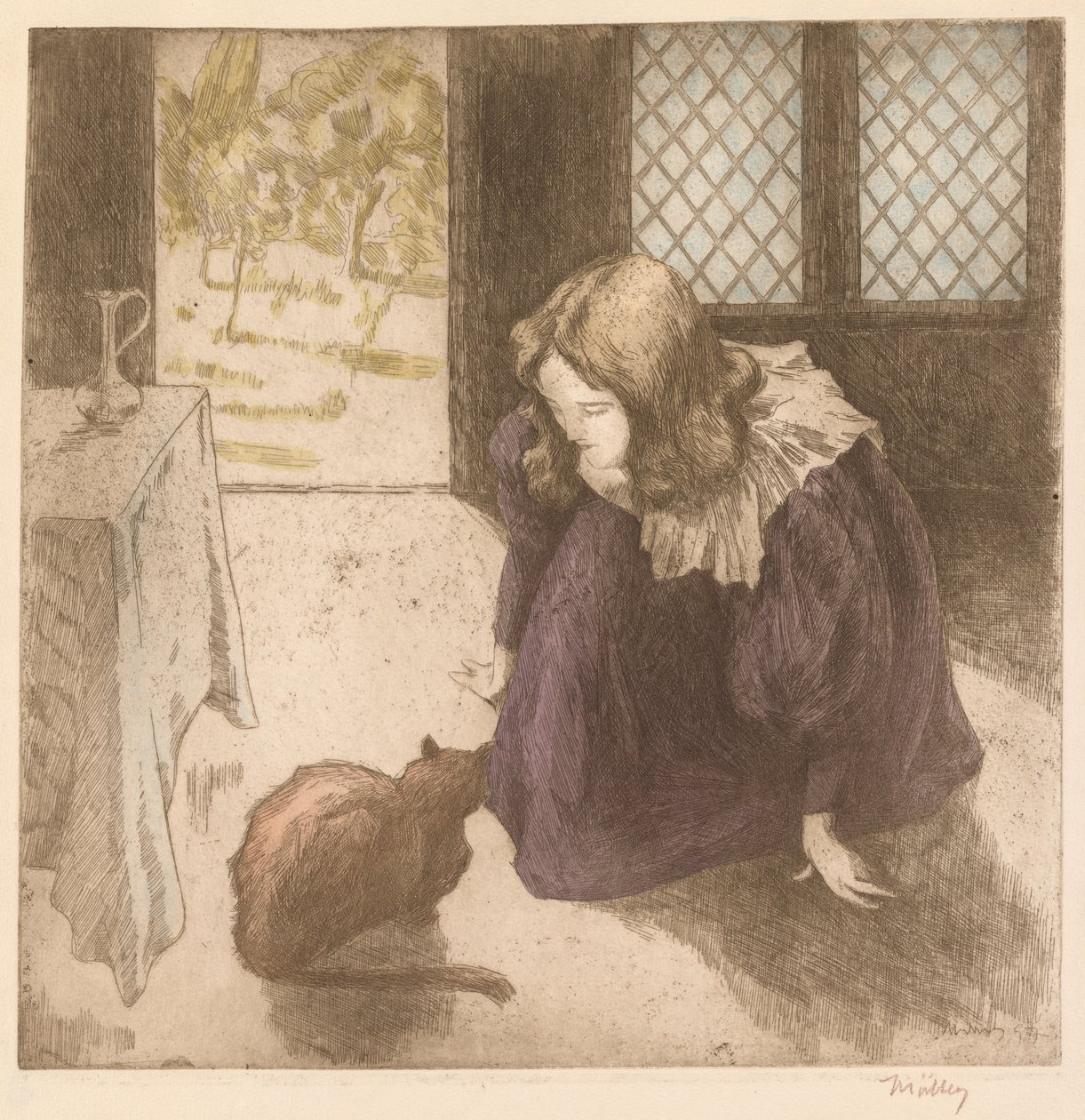 İç Mekan, Kedili Küçük Kız (La Petite fille au chat) by Alfredo Müller