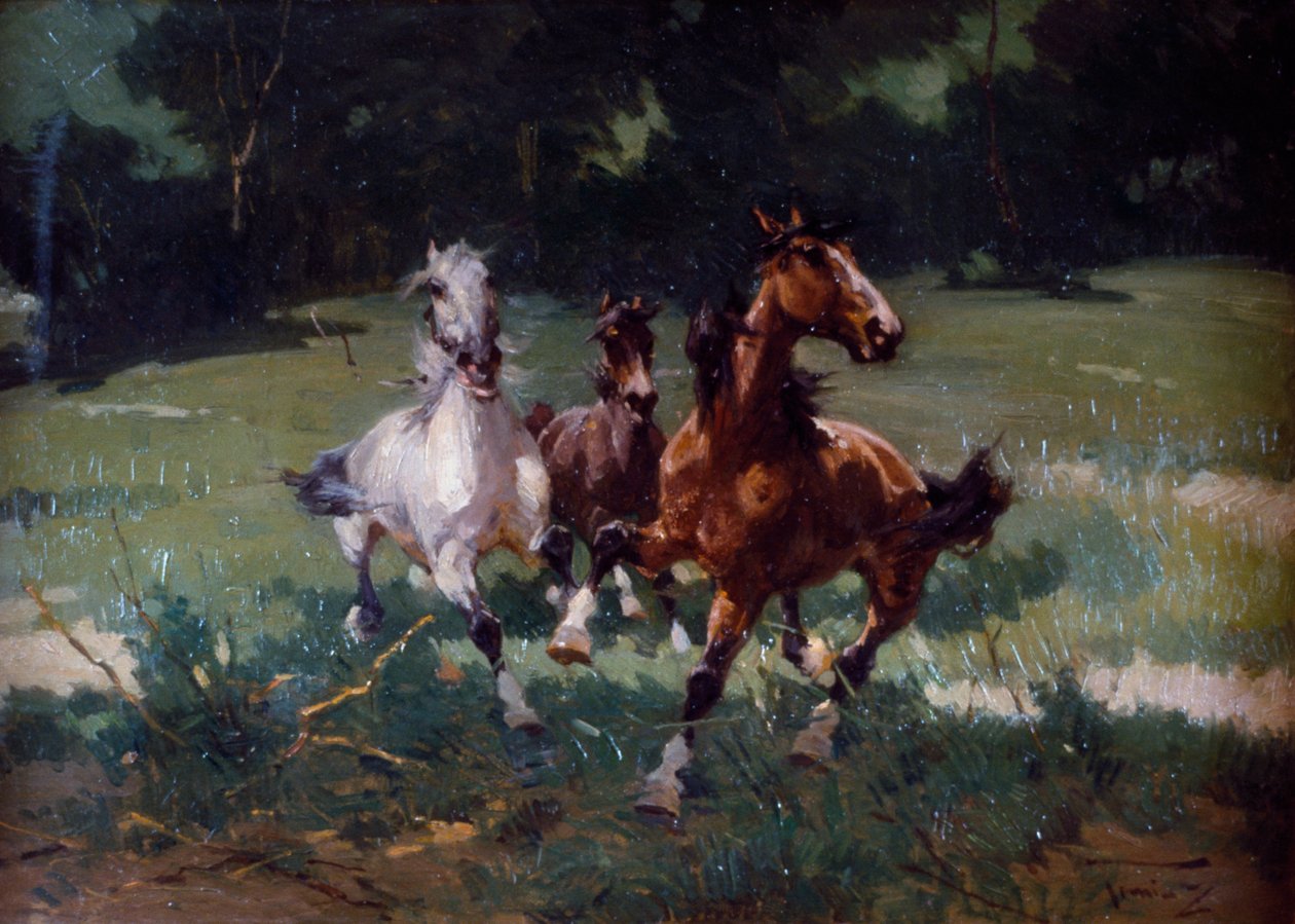 Koşan Atlar, resim Alfredo Tominz (1854-1936), karton üzerine yağlı boya, 67x48 cm, İtalya by Alfredo Tominz