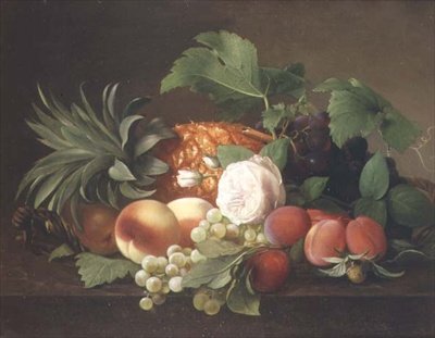 Ananas, şeftali, Erik ve üzüm ile natürmort by Alfrida Vilhelmine Ludovica Baadsgaard