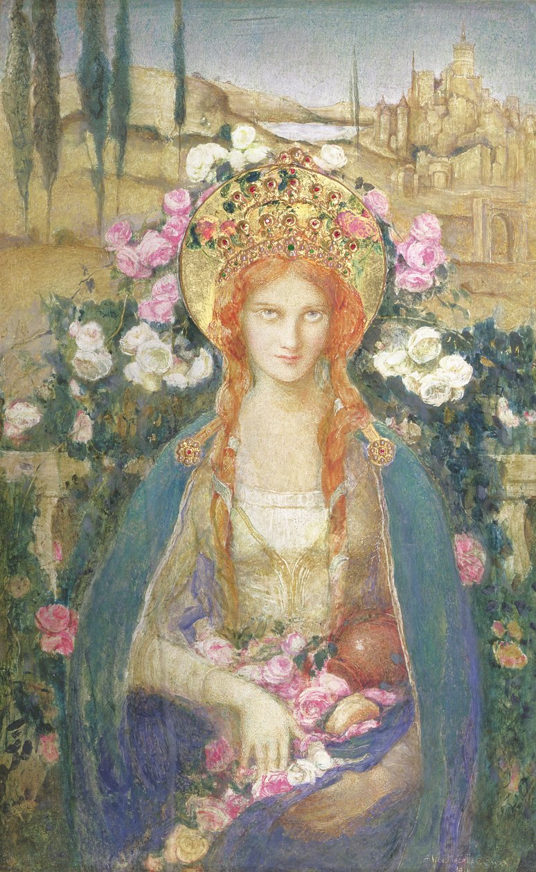 Macaristan'ın Aziz Elizabeth'i, 1916 (diadem kabartması üzerinde yarı değerli taşlarla altın varak eklenmiş gemiye serilen kağıt üzerinde tempera) by Alice Macallan Swan