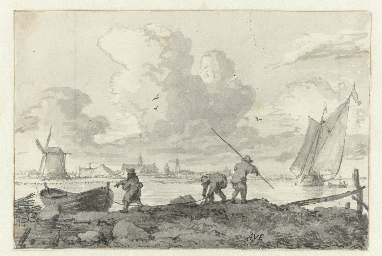 Haarlem yakınlarındaki Spaarne'de kayıklarıyla balıkçılar by Allaert van Everdingen