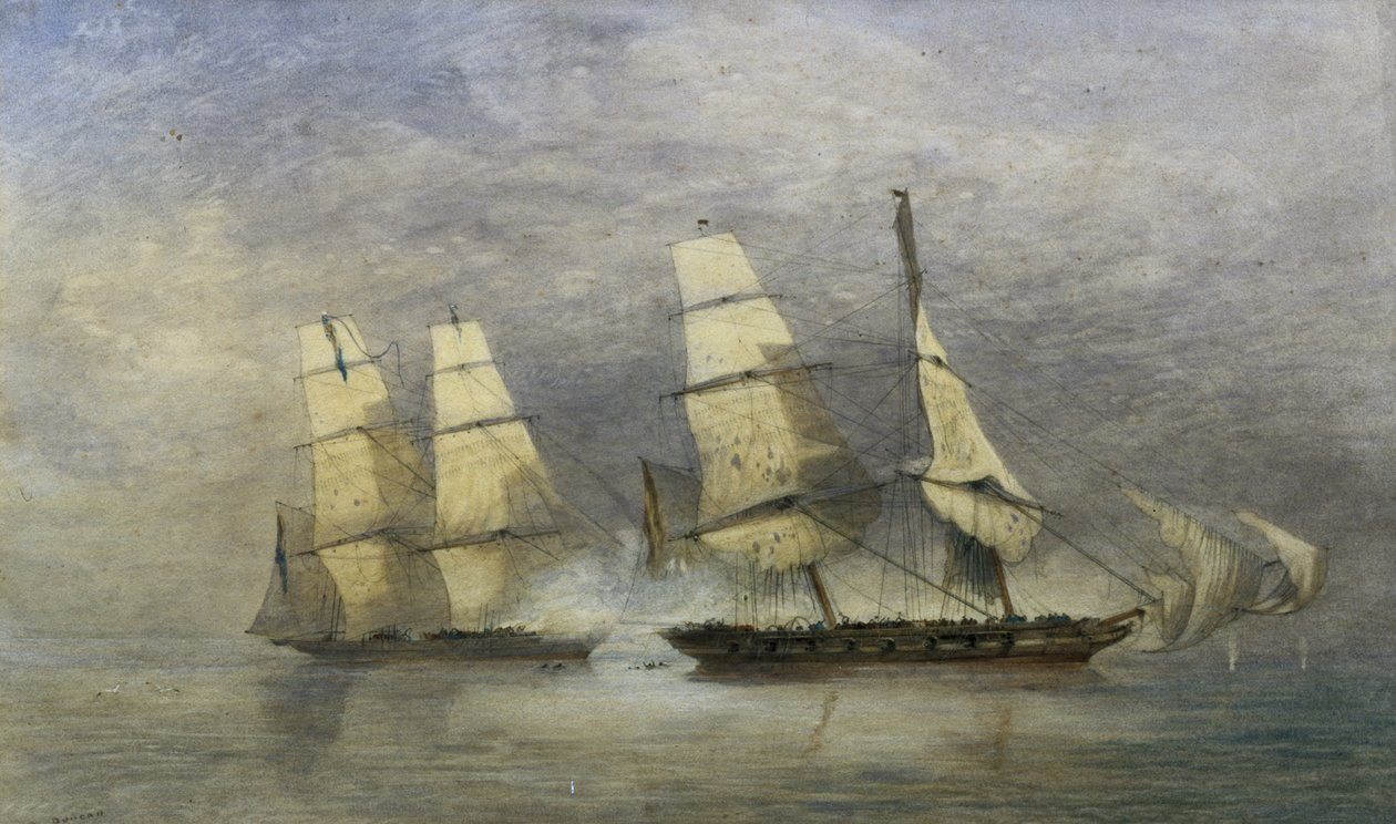 İspanyol Köle Brig'i Yakalayan 'Kara Şaka', 'Almirante' Benin Körfezi'nde, 1 Şubat 1829 (kağıt üzerine suluboya) by Allan Duncan